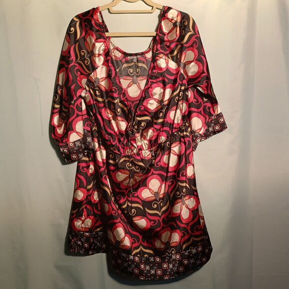 Retro Floral Print Tunic Blouse – 70s Style Satin Top with Drawstring Waist - Picture 1 of 4